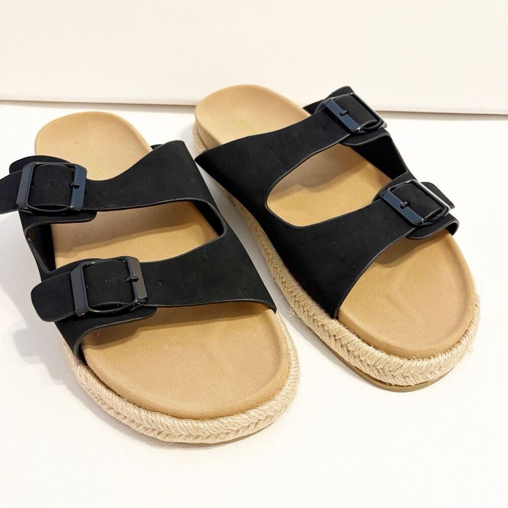 Black Slip On Sandals Slides Womens 8W Buckle Casual Cruise Vacation